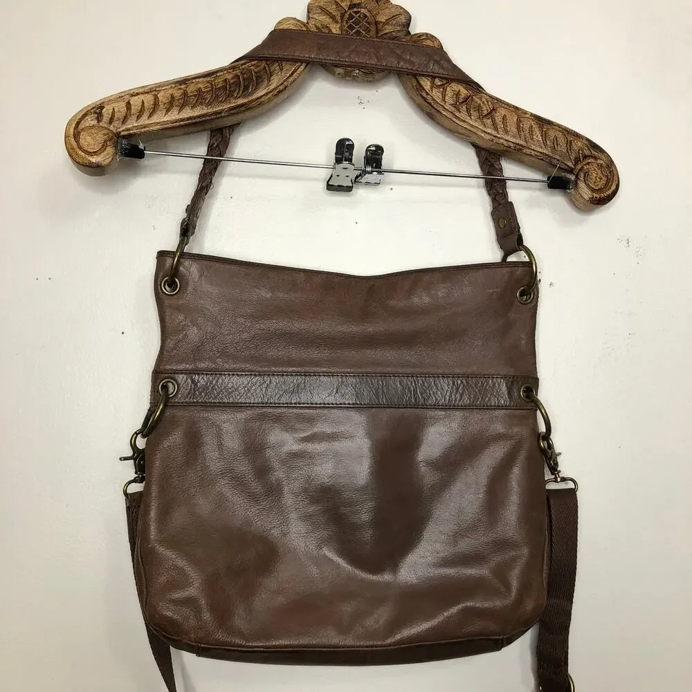 The Sak Purse Leather Satchel Brown Patina Shoulder Crossbody Strap Zip Pockets